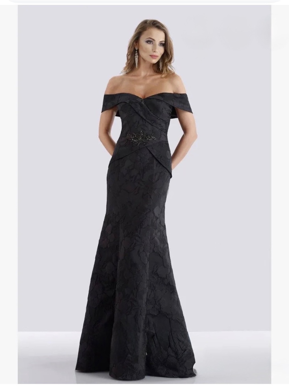 Black Strapless off shoulder Floral Jacquard Evening Gown with Jeweled Accent
